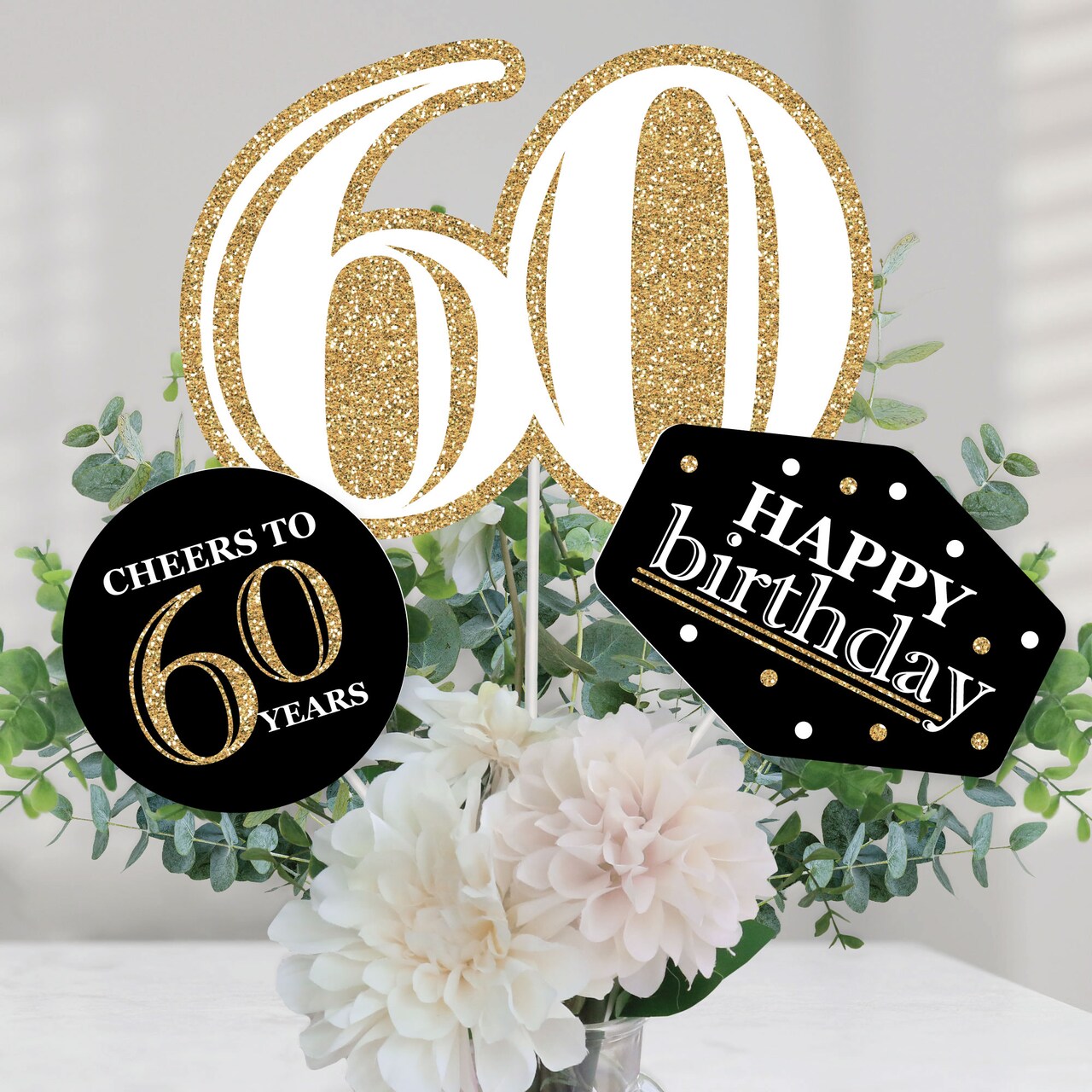 Big Dot of Happiness Adult 60th Birthday - Gold - Birthday Party Centerpiece Sticks - Table Toppers - Set of 15